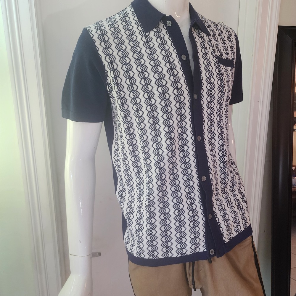 Paul Jones Striped Knit Polo Shirt Mens Mediun Retro Style Button Short Sleeve